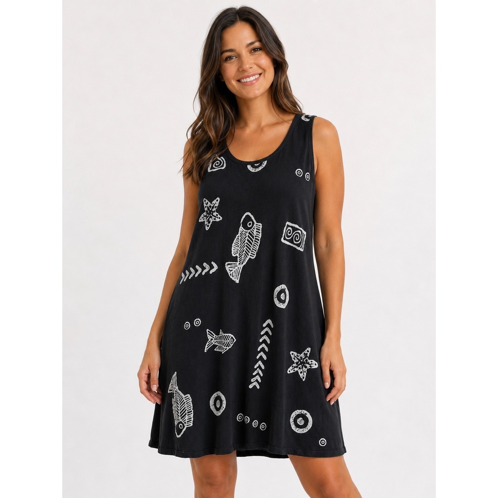 Jostar‎ Womens Black White Fish Starfish Graphic Print Tank Dress Made in USA L